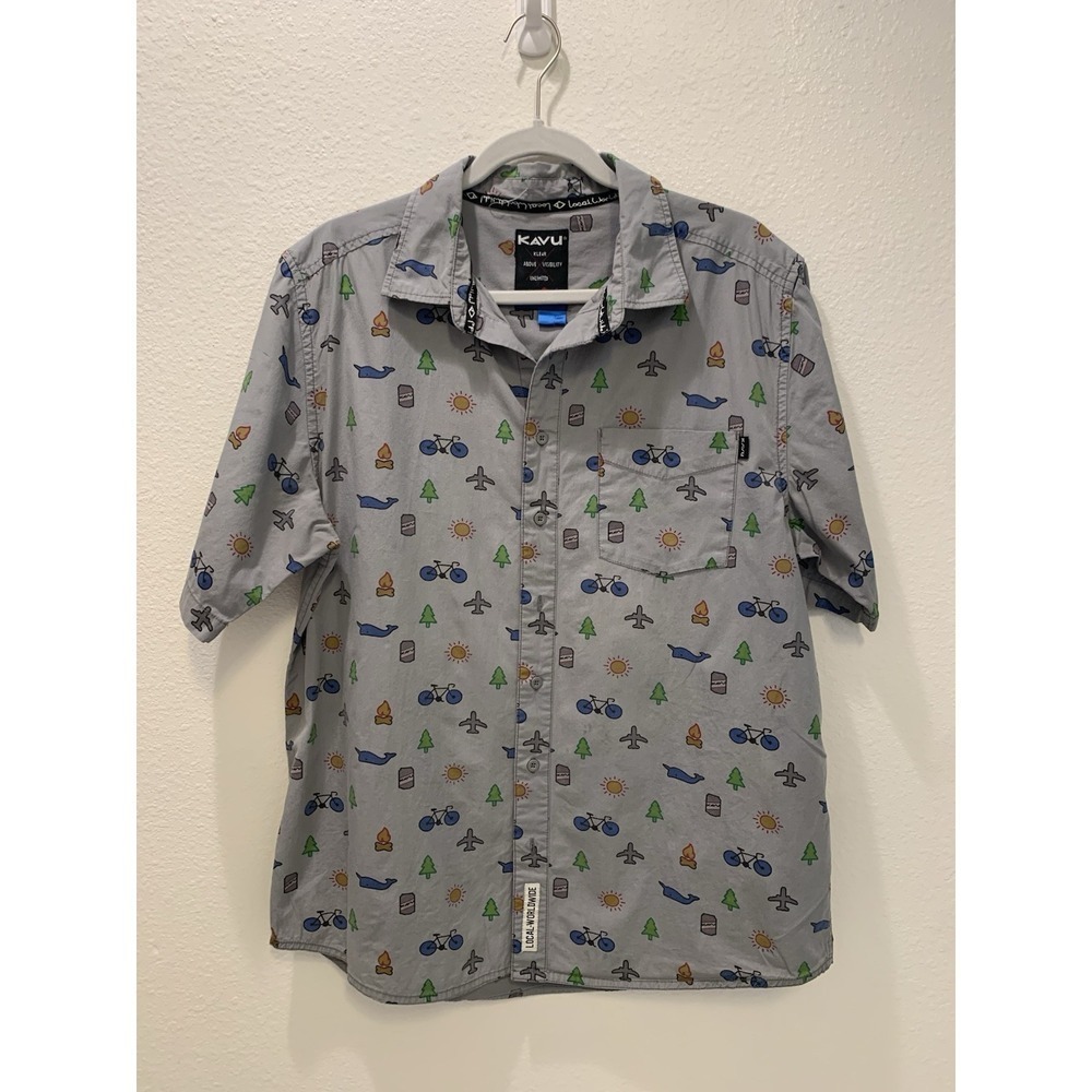 Kavu Shirt Mens Extra Large Grey Button Up World Travel Short Sleeve Shirt
